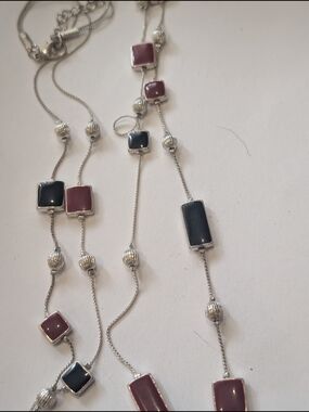 Long Silver-Tone Necklace with Burgundy and Black Rectangular Stones